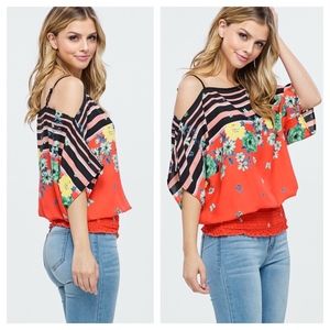 Tops - Off Shoulder Floral and Stripe Woven Top Tops - Off Shoulder Floral and Stripe Woven Top